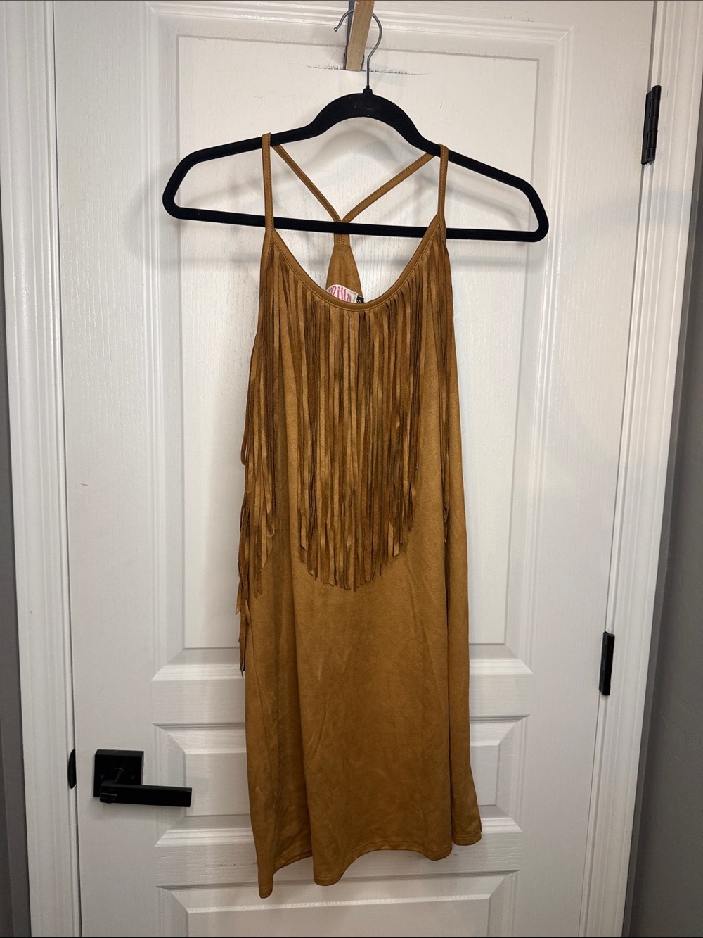 Fringe-Front Mini Dress in Tan